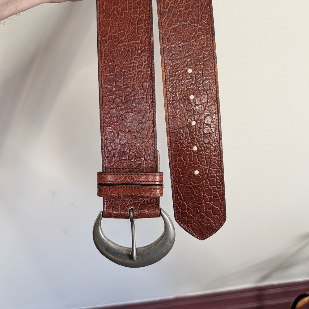Joan & David Vintage Brown Bison Leather Belt with Silver Crescent Moon Buckle